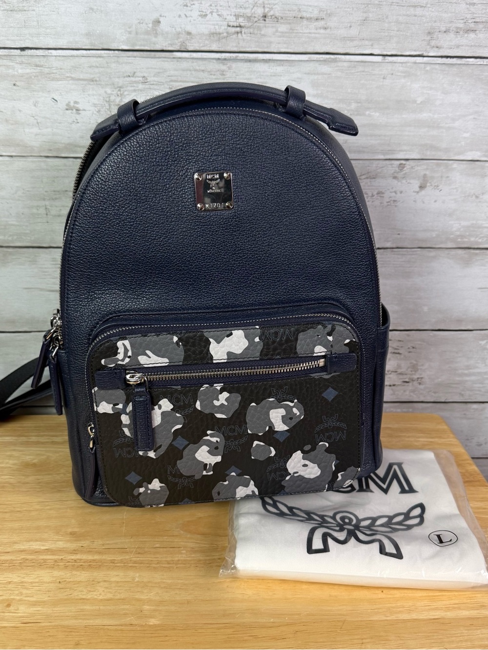 MCM Stark backpack Navy Leather Mini Backpack with Gray Camo